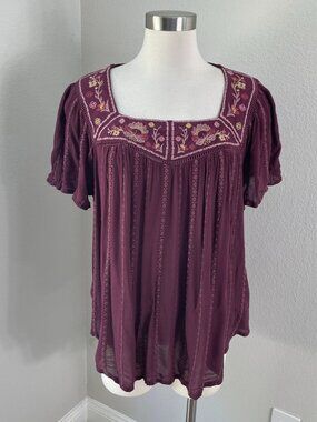 Knox Rose Womens Plus XXL Purple Embroidered Boho Blouse Short Sleeve Shirt